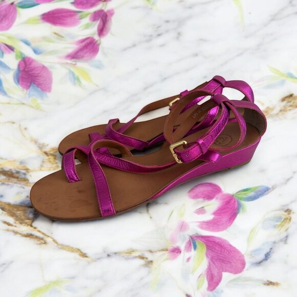 ASH Metallic Pink Leather Wedges Sandals Size 38 / US 8 - Picture 2 of 5